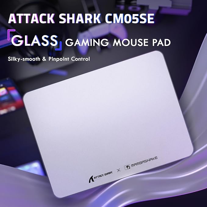 ATTACK SHARK CM05SE Tempered Glass Mouse Pad 9H Hardness Anti-Scratch Nano Etched Ultra-Smooth Surface Non-Slip PU Base High Accuracy Fast-Moving 410×310×5mm for FPS Esports/Office - White