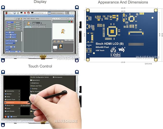 waveshare 5 Inch Resistive Touch Screen LCD(B) 800X480 High Resolution HDMI USB Interface for Raspberry Pi/Banana Pi Mainboard/Raspberry Pi 3 Model B/3B+