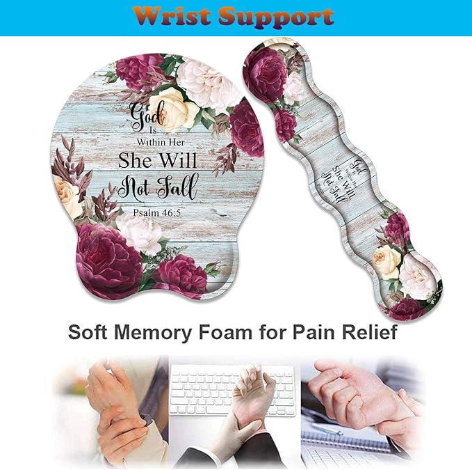 3 in 1 Keyboard Wrist Rest + Mouse Pad and Coaster Ergonomic Gel Mouse Pad and Keyboard Pad Set Comfortable Lightweight for Easy Typing Pain Relie Bible Flower Psalm 46-5