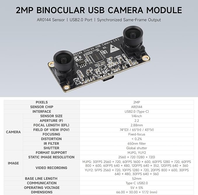 Waveshare AR0144 2MP Stereo USB Camera Module AR0144 Sensor Chip USB2.0 Port Synchronized Same-Frame Output 52mm Baseline Featuring Distortion-Free Lenses
