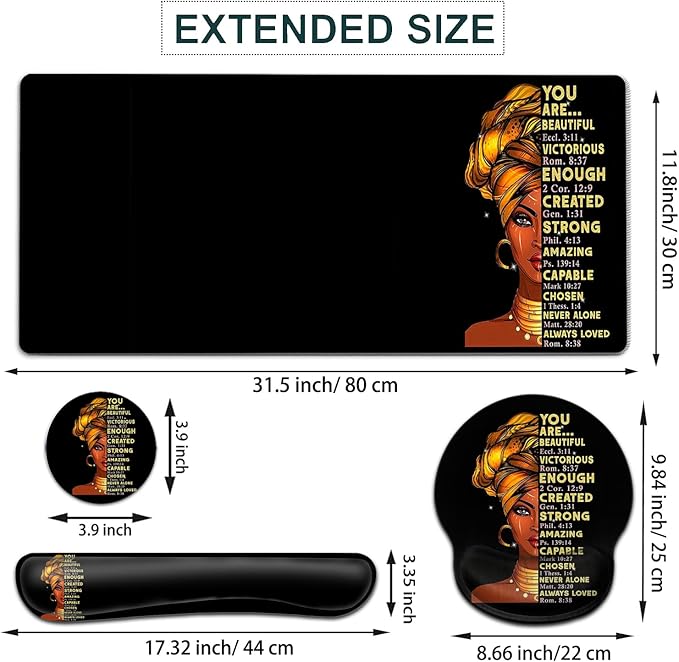 Large Mouse Pad Ergonomic Mouse Pad with Wrist Rest and Keyboard Wrist Rest 4 in 1 Set 31.5 x11.8 inch Extended Desk Pad for Home Office African American Black Queen Women XXL Gaming Mouse Mat