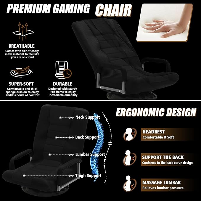 Swivel Gaming Chair Multipurpose 2PACK Floor Gaming Chair for Playing Video Games TV Reading w/Armrest Lumbar Support &amp 6 Adjustable Postion Backrest for Adults Black