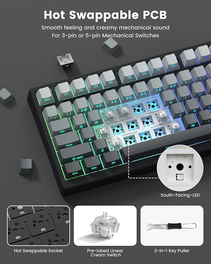 X98 Wireless Mechanical Keyboard RGB Backlit Custom Gaming Keyboard with Number Pad BT5.0/2.4GHz/USB-C Gasket Structure Hot Swappable Pre-lubed Linear Switch Side Printed PBT Keycaps