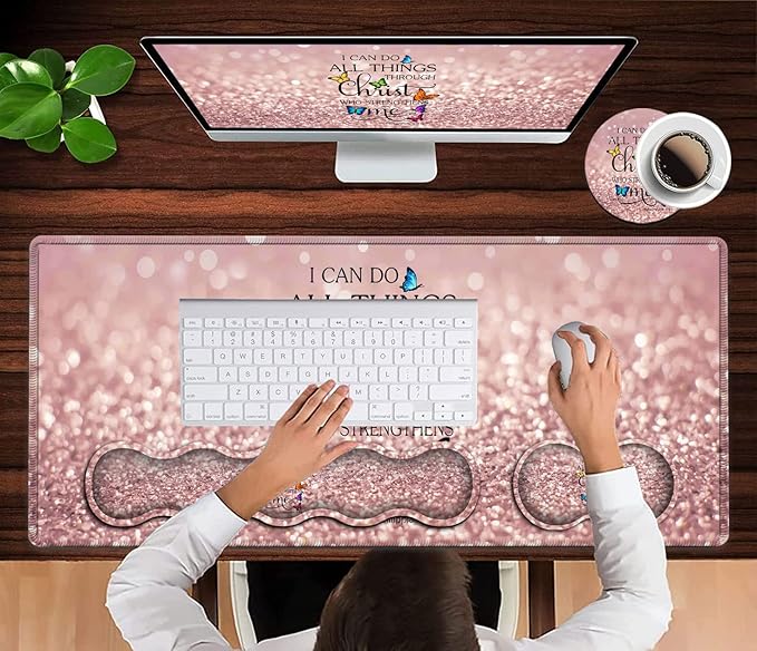 Gaming Mouse Pad Ergonomic Memory Foam Keyboard Wrist Rest Support &amp Non-Slip Mouse Wrist Rest for Laptop Desk Writing Pad Philippians 4:13 Pink Glitter Office Desk Mat Extended Large Mouse Pad