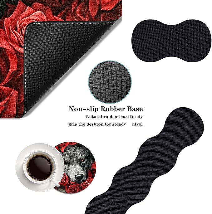 Mouse PadLarge Desk Mat Set 4in1 XL Mousepad + Keyboard Wrist Rest+Mouse Wrist Rest+Coaster with Ergonomic Desk Pad for Home Office Table Computer Cover -Wolf Among Red Roses