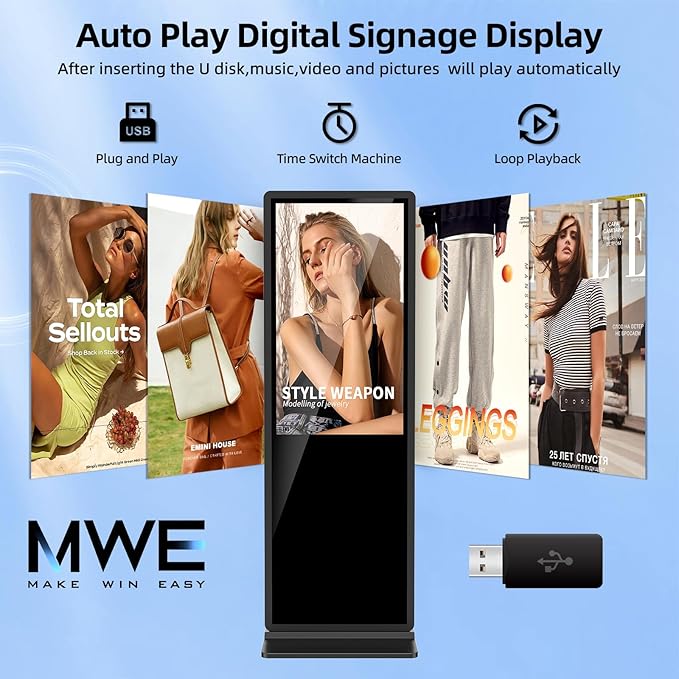 JIYANG 32 Inch Indoor Touchscreen Digital Signage Floor Standing Digital Interactive Kiosks LCD Totem Monitor with WiFi/USB Input Auto Media Player Android System