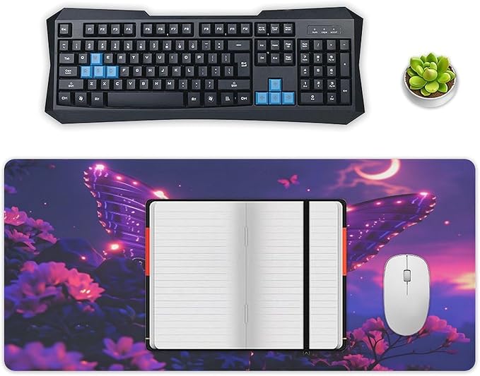 Purple Butterfly Mouse Pad Large Desk Mat Extended Keyboard Mouse Pad with Non-Slip Base and Stitched Edge Mouse Mat Desk Pad 36x16 Mouse Pads for Desk Home Office Gaming