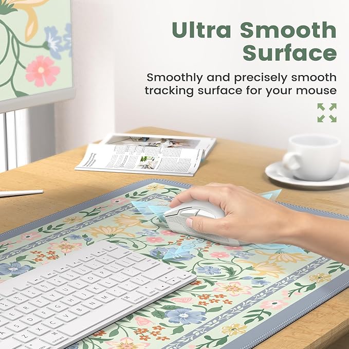 iCasso Desk Cover Mat Gaming Mouse Pad Wrist Support Set4in1 XXL Large Mousepad + Keyboard Wrist Rest+Mouse Wrist Rest+Coaster Set with Ergonomic Design for Home Office Table Computer(Green Flowers)