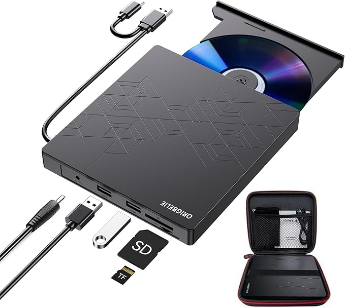 External CD DVD Drive CD Burner USB 3.0 with 2 USB Ports and 2 TF/SD Card Slots Optical Disk Drive for Laptop Mac PC Windows 11/10/8/7 Linux OS with Carrying Case