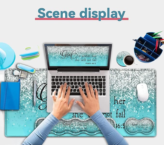 Keyboard Mouse Pad SetExtended Gaming Mouse Pad + Memory Foam Keyboard Wrist Rest Support Psalm 46:5 Blue Glitter Office Desk Mat Writing Pad Easy Typing Pain ReliefXXL Large Mousepad Desk Mat