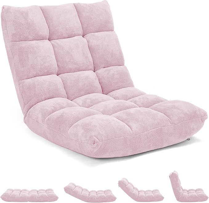 RELAX4LIFE Floor Chair with Back Support - 14-Position Adjustable Lazy Sofa Chair Padded Sleeper Bed &amp Couch Recliner for Reading Meditation Gaming Adults (Light Pink)