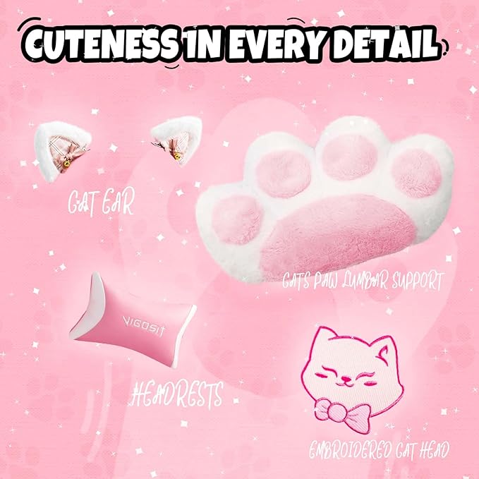 【Gaming Chair with Paw Cushion】 Kawaii PC Gamer Chair for Girls Teens Adjustable Height &amp 90-155° Recline 360° Swivel with Retractable Footrest (Pink)