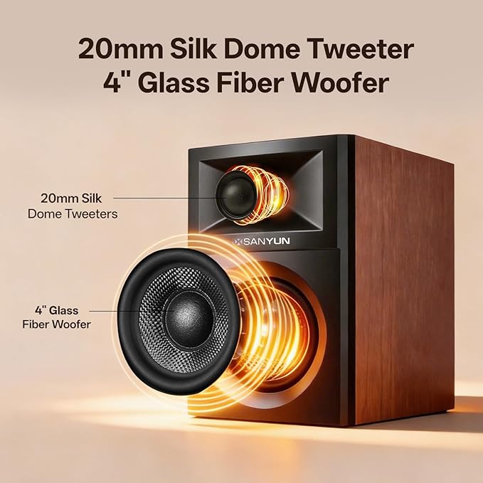 Sanyun SW205 80W Powered Bookshelf Speakers with 3D Soundstage | Precision DSP Spatial Audio &amp Geometric Cabinet | 4 Glass Fiber Woofer Optical/Bluetooth 5.4/AUX Wireless Remote (Pair Cherry)