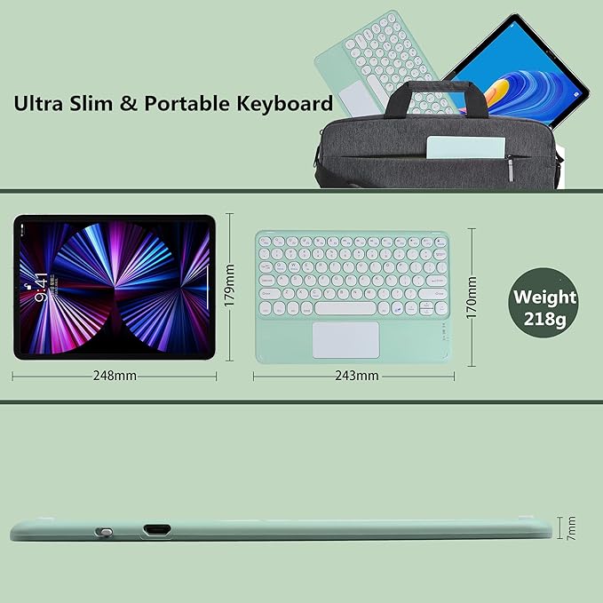 Wireless Bluetooth Keyboard10 inch Portable Rechargeable Keyboard with Touchpad Ultrathin BluetoothKeyboard for iOS/Android/Windows Tablet Computer and Phone Universal(Green)