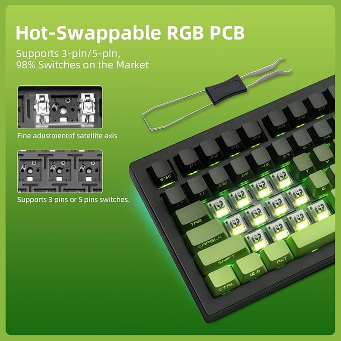 ZORNHER ZH870 Wireless Mechanical Gaming Keyboard80% Green Custom Creamy Sound Keyboard with Shine Through PBT KeycapsPre-lubed Linear SwitchesHot-SwappableRGB Backlit2.4GHz/USB-C/BT5.0