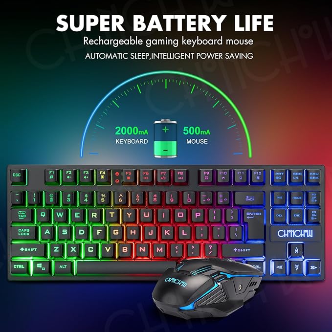 CHONCHOW Wireless Gaming Keyboard and Mouse Combo Rechargeable 87 Key LED Light Up Keyboard Ergonomic Gaming Mouse Backlit Wireless Mouse and Keyboard for Xbox PS4 PS4 PC Laptop