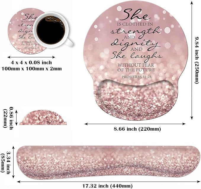 Keyboard Wrist Rest and Mouse Wrist Rest Pad Set with Coasters Non-Slip Rubber Base Ergonomic Gaming Mousepad for Home Office Working Studying Easy Typing &amp Pain Relief Bible Verse Proverbs 31:2