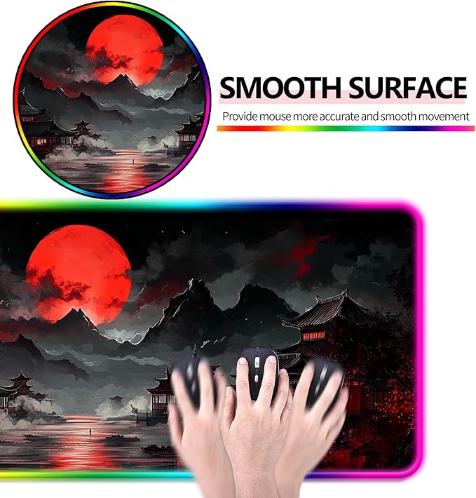 RGB Japanese Dreamy Lakescape Full Moon Gaming Desk Mat Computer Keyboard Large Extended Long LED Mouse Pad for Office and Home XL (W07)
