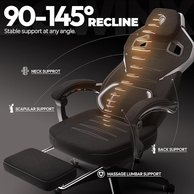 Dowinx Fabric Gaming Chair with Footrest Big and Tall Ergonomic Gamer Chair with Lumbar Support Wide Back Computer Chair for Heavy People Black