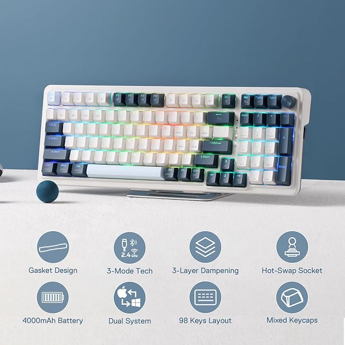 Redragon K686 PRO 98 Keys Wireless Gasket RGB Gaming Keyboard 3-Mode Win/Mac Mechanical Keyboard w/5-Layer Noise Dampening Dedicated Knob Control &amp Hot-Swap in Linear Red Switch Blue Himmel Col
