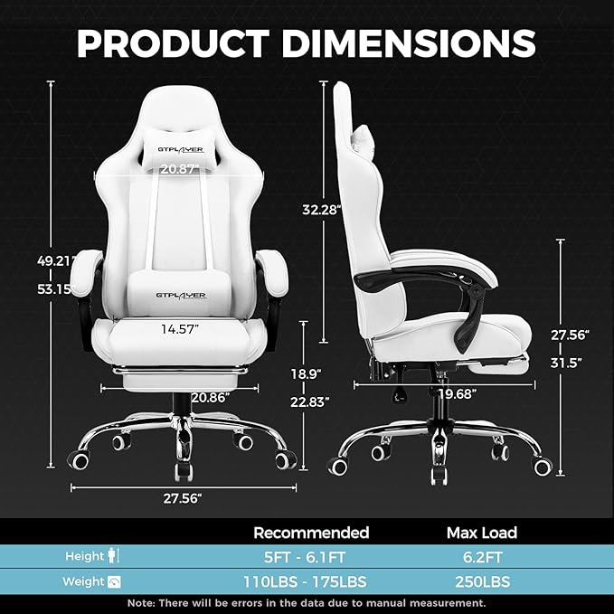 GTPLAYER Gaming Chair with Footrest Computer Chair with and Lumbar Support Height Adjustable Game Chair with 360°-Swivel Seat and Headrest and for Office or Gaming (All Light Gray-Fabric)