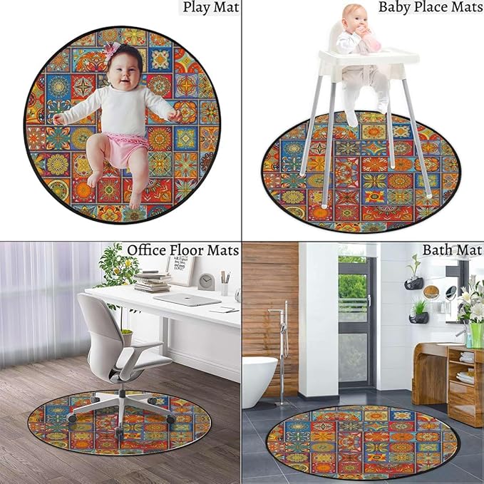 Orange Red Round mat Office Chair Mat Hardwood Floor mat Chair mat Round Chair Cushion for Desk Chair Office ChairCushion Chair Mat Geometric Patterns Floral Patchwork Print Diameter 47.2 in