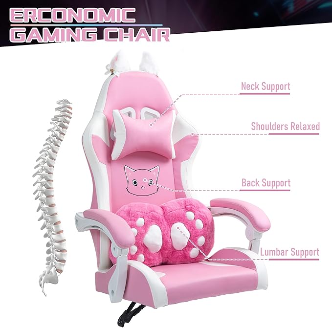 ALEAVIC Pink Gaming Chair with Cat Paw Lumbar Cushion and Cat Ears Reclining PC Game Computer Chairs Ergonomic Gamer Chair for Kids Girls Teens