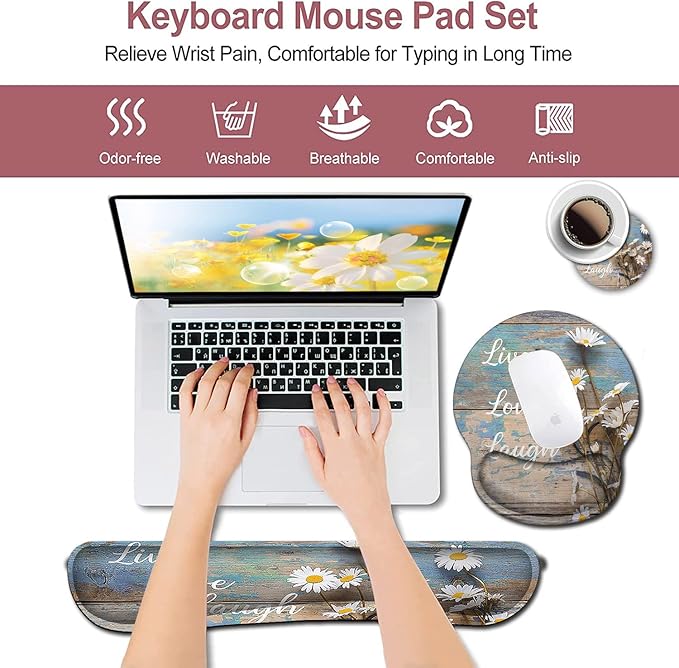 Mouse Pad for Women Ergonomic Gel Mouse Pad Keyboard Wrist Rest Relieves Fatigue White Daisy Flowers on Wooden Non-Slip and Durable Memory Foam Keyboard Wrist Rest for Office Typing