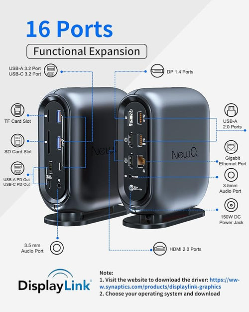 16-in-1 Universal Docking Station for All Laptops with 150W Power Adapter Triple Monitor for Mac Windows ChromeOS Linux Dual HDMI DP 10Gbps USBC USBA Gigabit Ethernet SD/TF Audio