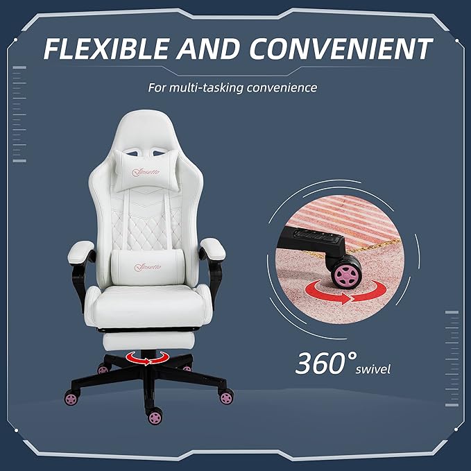 White Racing Gaming Chair Diamond with Footrest Headrest and Lumbar Support PU Leather Office Gamer Chair High Back Swivel Recliner Adjustable Height for Office or Gaming