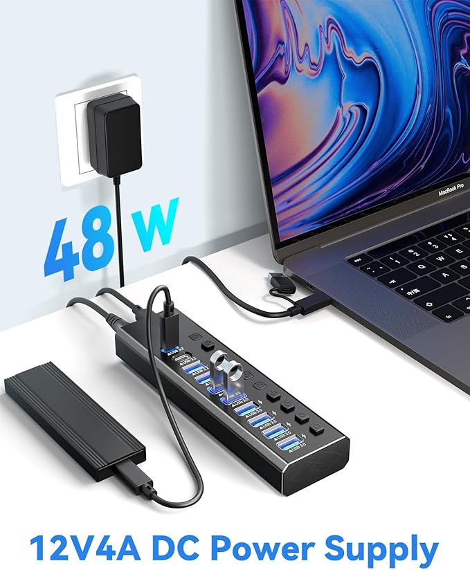 Powered USB Hub 3.210-Port USB 3.2/USB C Hub (10Gbps USB-A 3.2 +2 USB-C 3.2 +7 USB 3.0 Ports) with Individual On/Off Switches and 12V Power Adapter Aluminum USB Hub Powered for Laptop PC