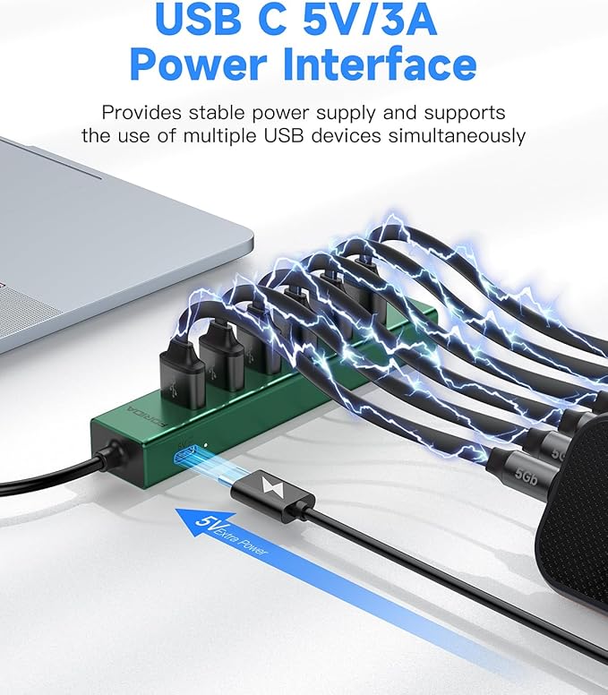 7 Ports USB 3.0 Hub USB to Network HUB with 3.9ft Long Cable for Laptop USB Splitter with Gigabit Ethernet Port and 5V/3A Power Port MultiPort Aluminum Hub for iMac PC Flash Drives (Green)