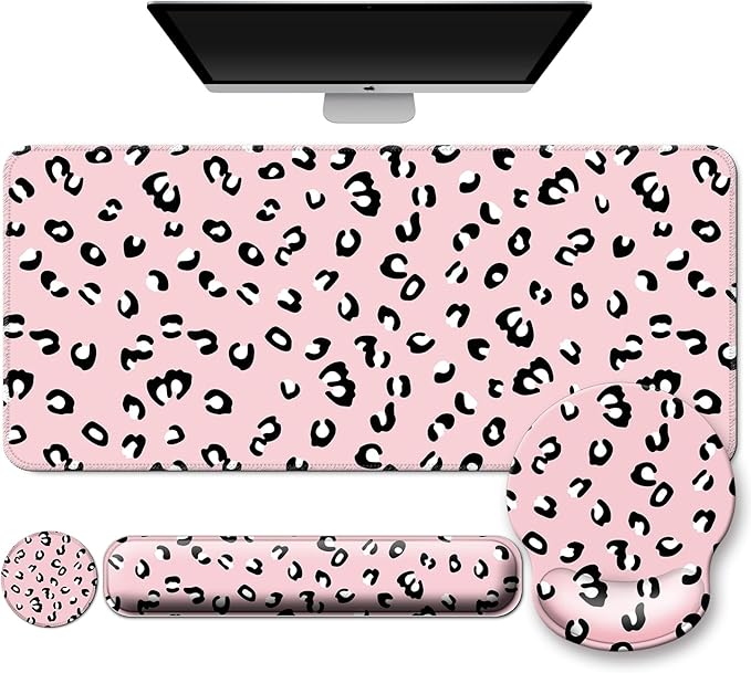 Mouse Pad + Desk Mat + Keyboard Wrist Rest + Coaster 4 in 1 Set Cute Ergonomic Large Gaming Mousepad with Wrist Rest Support Desk Pad for Computer Laptop Office Home Decor-Pink Leopards