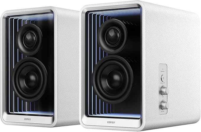 Edifier QR65 Desktop Active Monitor with 2.75 Long-Throw Aluminum Diaphragm mid-Low Drivers Hi-Res Audio Brilliant Light Effects 70W Output Power Bluetooth Speakers with Stands - White
