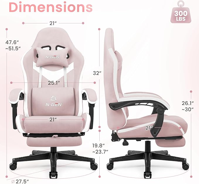 N-GEN GAMING Video Gaming Chair Office Computer Desk Use Ergonomic Reclining Backrest Adjustable Armrests Lumbar Support Footrest High Density Foam Breathable Fabric Heavy Duty Base (Pink)