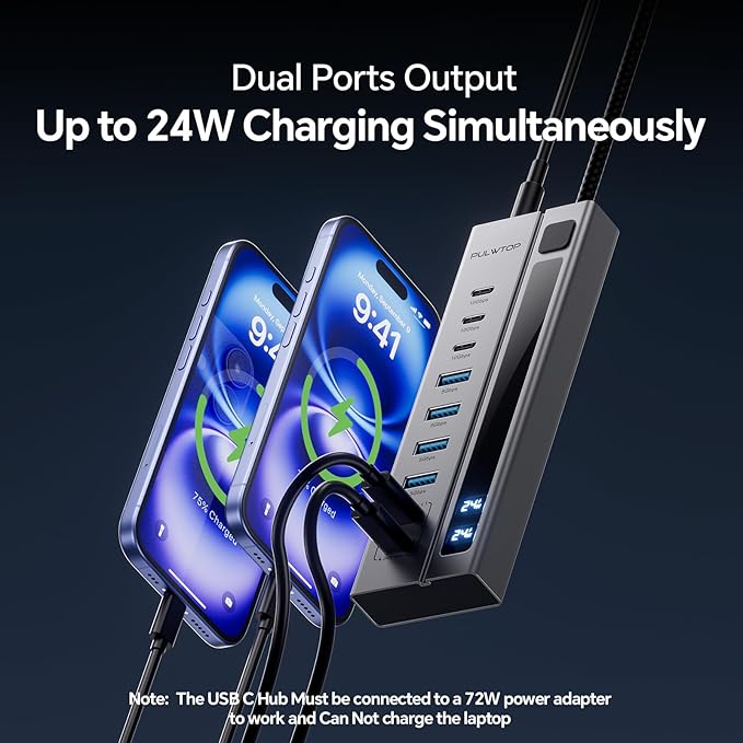 Powered USB C Hub 9-in-1 USB-Hub suppprt 10Gbps &amp PD 45W Max Charging(Not Support Video) USB Powered Hub with 3 USB-C 4 USB-A for Laptop MacBook iPad and More (72W Adapter Included)