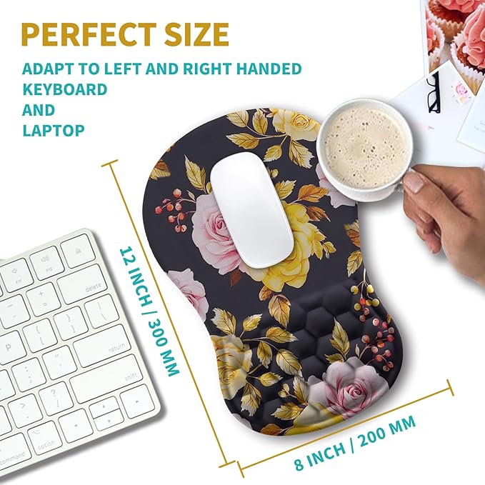 Hokafenle Ergonomic Mouse Pad Wrist Support Wrist Rest Mousepad for Carpal Tunnel Pain Relief with Integrated Memory Foam Slope Massage Bulge (11.8x7.9 inchGolden Powder Flower