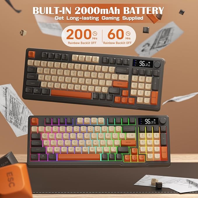 ZIYOU LANG M96 Wireless Gaming Silent Membrane KeyboardDisplay Screen &amp Knob with Multimedia Keys Dual Mode Bluetooth/2.4GhzRainbow Backlight 94Keys Ball Shape PBT Keycap ANSI Layout for Win/Mac