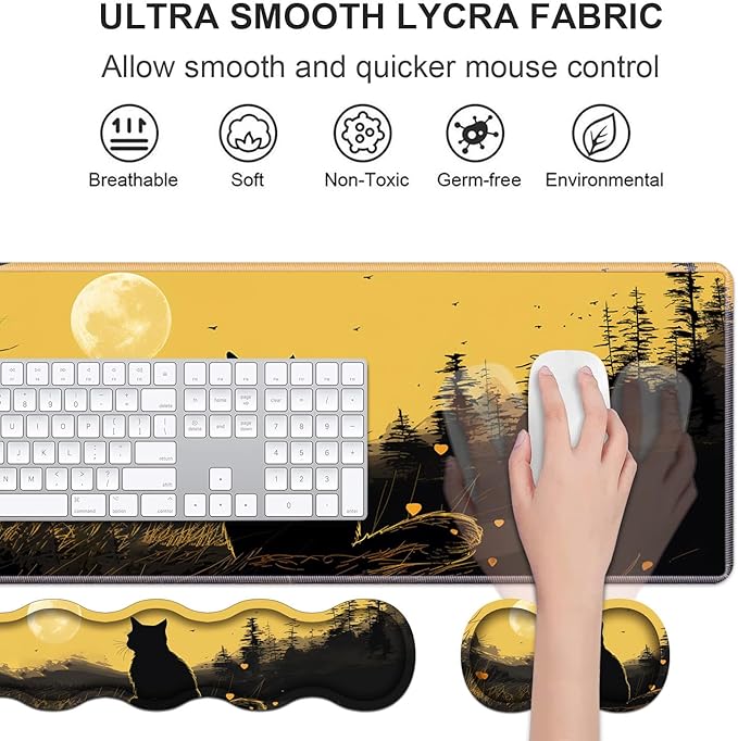 Ergonomic Keyboard Wrist Rest &amp Mouse Pad Wrist Rest Set Large XXL Gaming Desk Mat 31.5x 11.8 with Non-Slip Base Memory Foam Easy Typing Pain Relief for Home &amp Office Black Cat