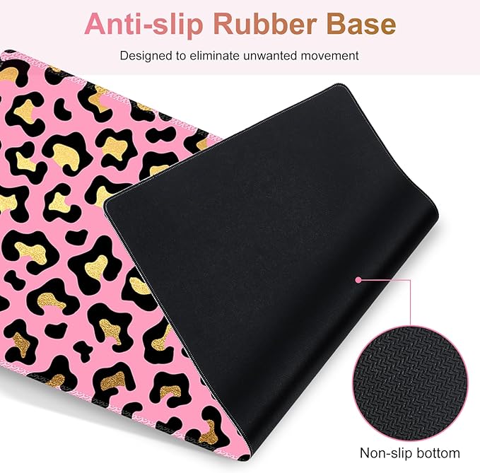 Large Gaming Mouse Pad Set 4 in 1 Extended Keyboard Desk Mat with Wrist Rest PC Computer Game Mousepad Set Non-Slip Desk Pad Easy Typing Pain Relief for Home Office I Pink Leopard Print