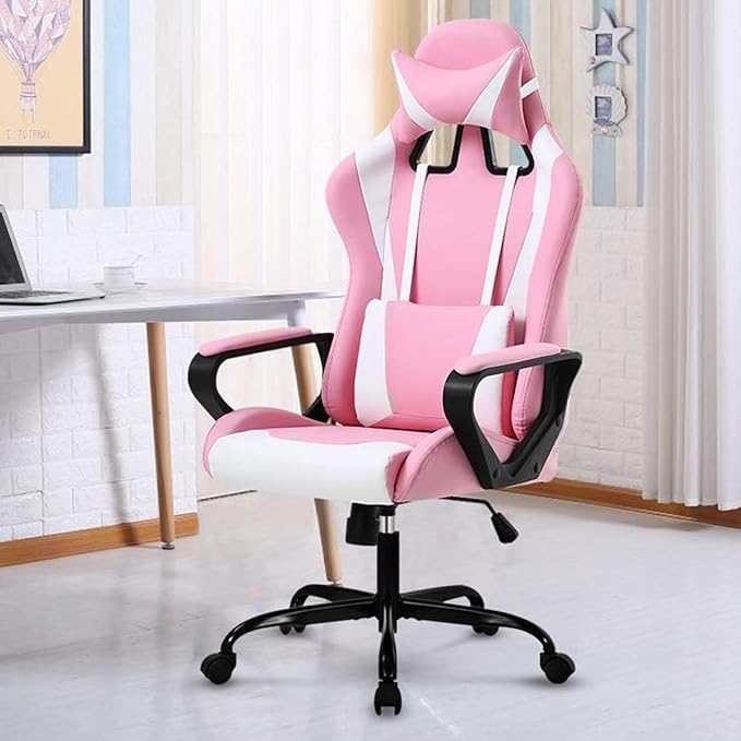 Gaming Chair 188 P Modern Pink Ergonomic High Back PC Computer Gaming Chair with Lumbar Support Adjustable Height 360 Swivel Executive Style PU Leather 300 lb Capacity
