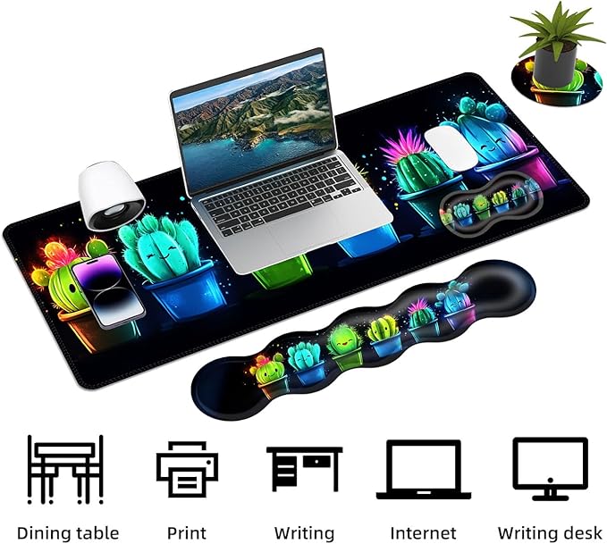 Keyboard Mouse Pad Set Extended Gaming Mouse Pad+Ergonomics Keyboard Wrist Rest Support Memory Foam Easy Typing Pain Relief 4Pcs XL Ultra Thick Desk MatColorful Cactus Art