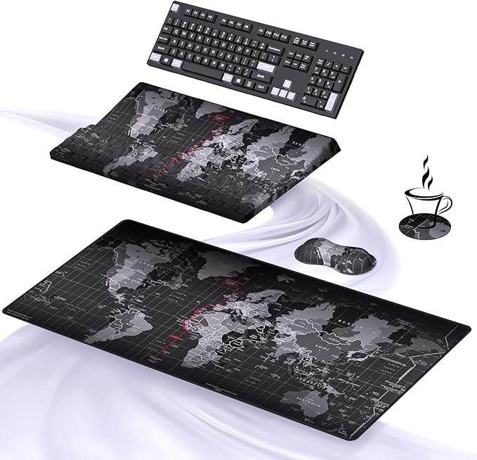 Ospelelf Ergonomic Mouse Pad and Keyboard Stand Wrist Rest Pad Set with Large Mousepad Memory Foam Comfort Premium Office Desk Accessories for Pain Relief and Efficiency Black Map