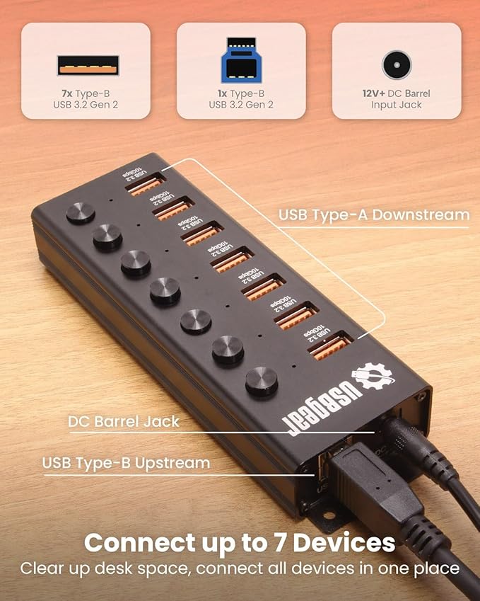 USBGear 7 Port USB Hub 3.2 Gen 2 – 10Gbps Charging Hub with Individual On/Off USB Ports for Laptop PC Desktop 12V/4A Power Adapter with Type-A to Type-B Cable (3ft) Computer Accessories