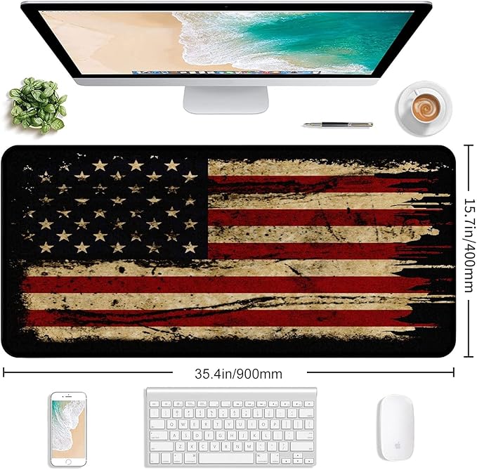 Large Extended Gaming Mouse Pad with Stitched Edges Non-Slip Waterproof Rubber Base Mouse Pad for Office Computer Keyboard Laptop and Home Desk Pad 35.4 x 15.7 x 0.12 Inch (American Antique Flag)