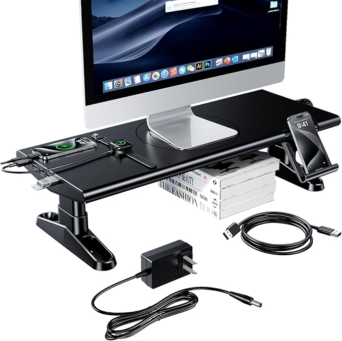 Computer Monitor Stand Riser for Desk with Usb Hub Charging30W/5Gbps Usb C Docking Station with Power4.4-5.7''Freely Height Adjustable with Phone HolderMonitor Stands Riser for PCLaptopPrinterTV