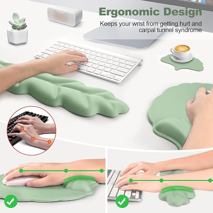 Keyboard Wrist Rest and Mouse Pad with Wrist Support Set Ergonomic Leaf Shape Mouse Pad with Non-Slip Base Pain Relief Memory Foam Mousepad for ComputerLaptopHome Office Green
