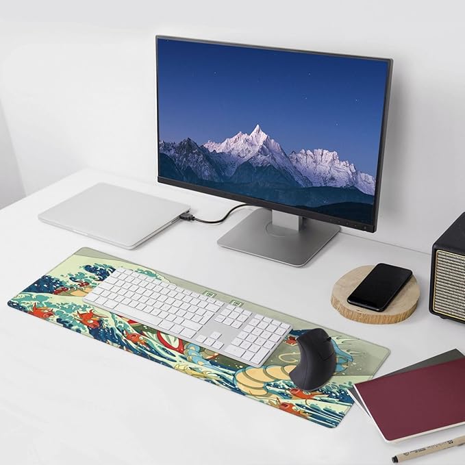 Large Gaming Mouse PadJapanese Ukiyoe Anime Dragon MousepadStitched EdgesNon-Slip Rubber BaseLong Extended Desk Mouse Mat(31.5x12)