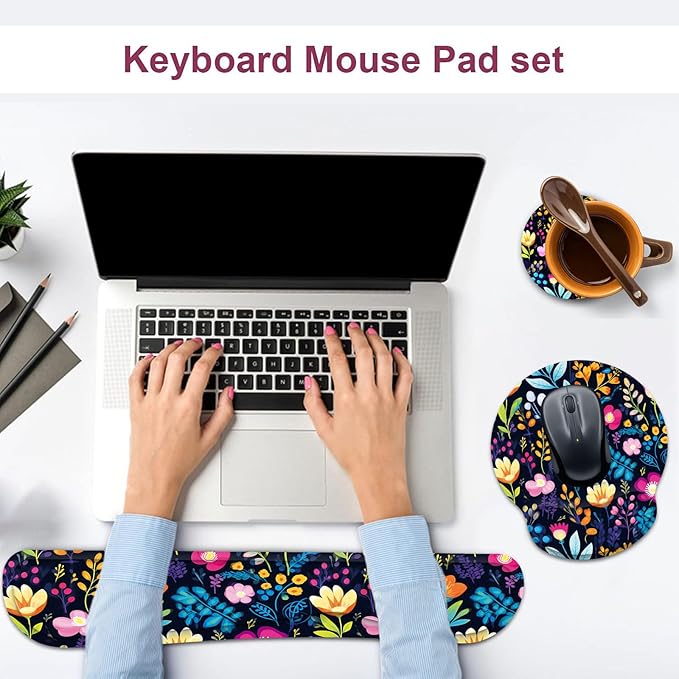 Keyboard Wrist Rest and Mouse Wrist Rest Pad with Cup CoasterMade of Memory FoamErgonomic SupportEasy-Typing and Pain Relieffor Gaming Office Home ComputerBlooming Flower