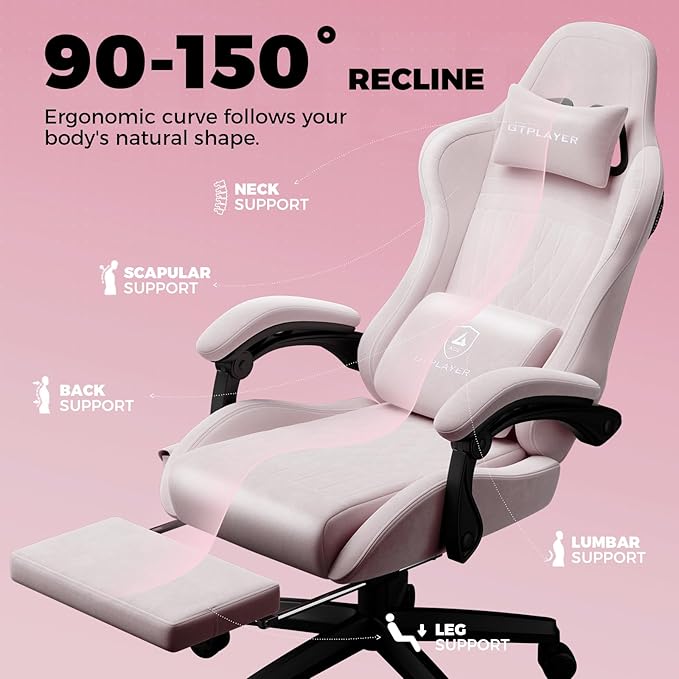 GTPLAYER ACE-PRO Music Gaming Chairs – Built-in Speakers App Support &amp Bluetooth Control Computer Game Chairs with Footrest for Adults Ergonomic Reclining Silla Linkage Armrest Pink 【Velvet】
